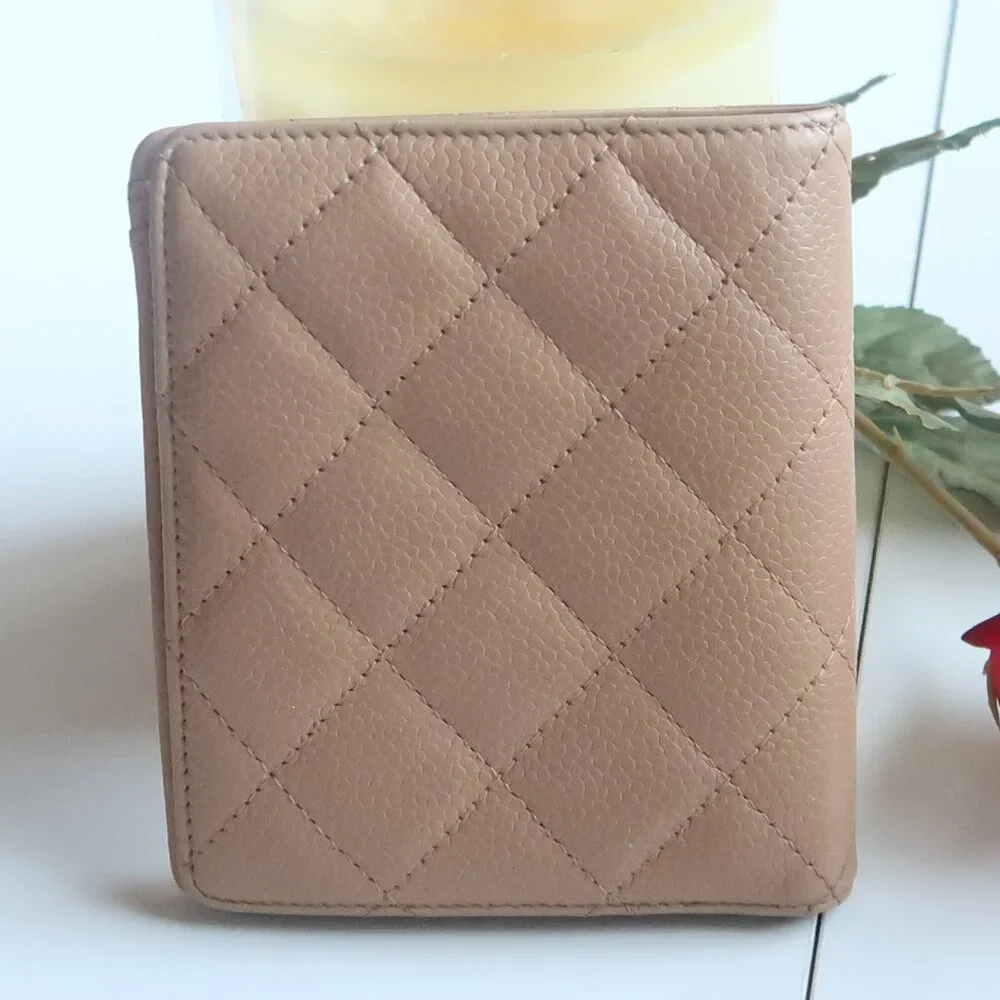 Chanel Classic Quilted Caviar Leather Bifold Wallet Beige with Silver CC Logo